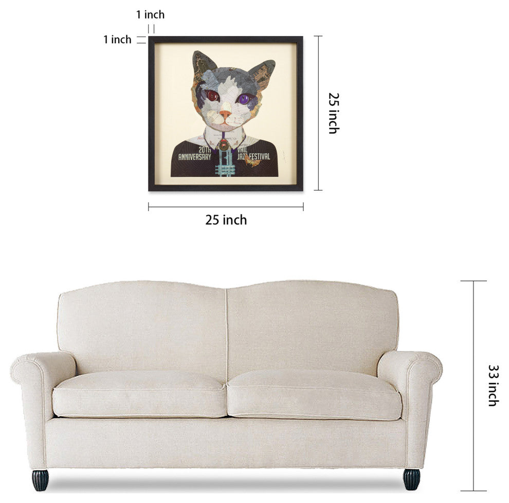 "Funky Cat 2" Dimensional Collage Framed Graphic Art Under Glass Wall Art