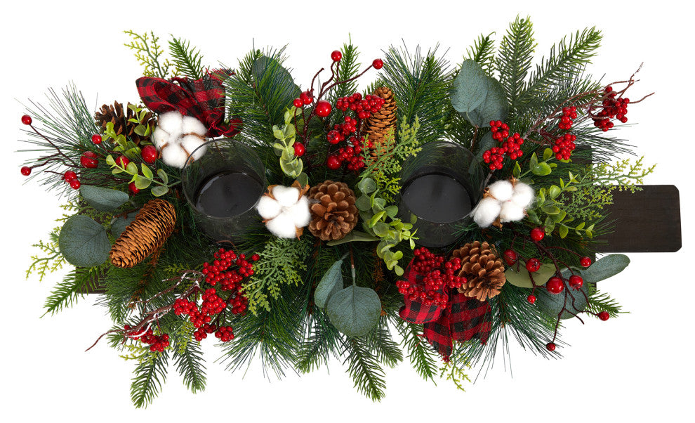24" Holiday Berries, Pinecones & Eucalyptus Xmas Faux Arrangement Wall Decor