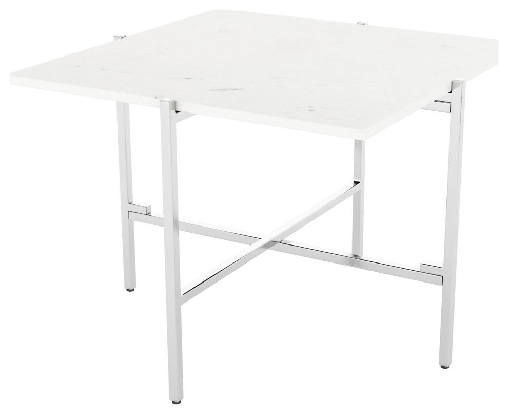 Sofa Side Table, Square, Artificial Marble, Steel Metal, White, Silver, Chrome