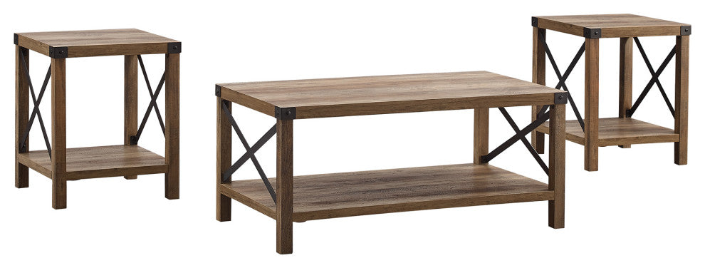 3-Piece Rustic Wood and Metal Accent Table Set - Rustic Oak