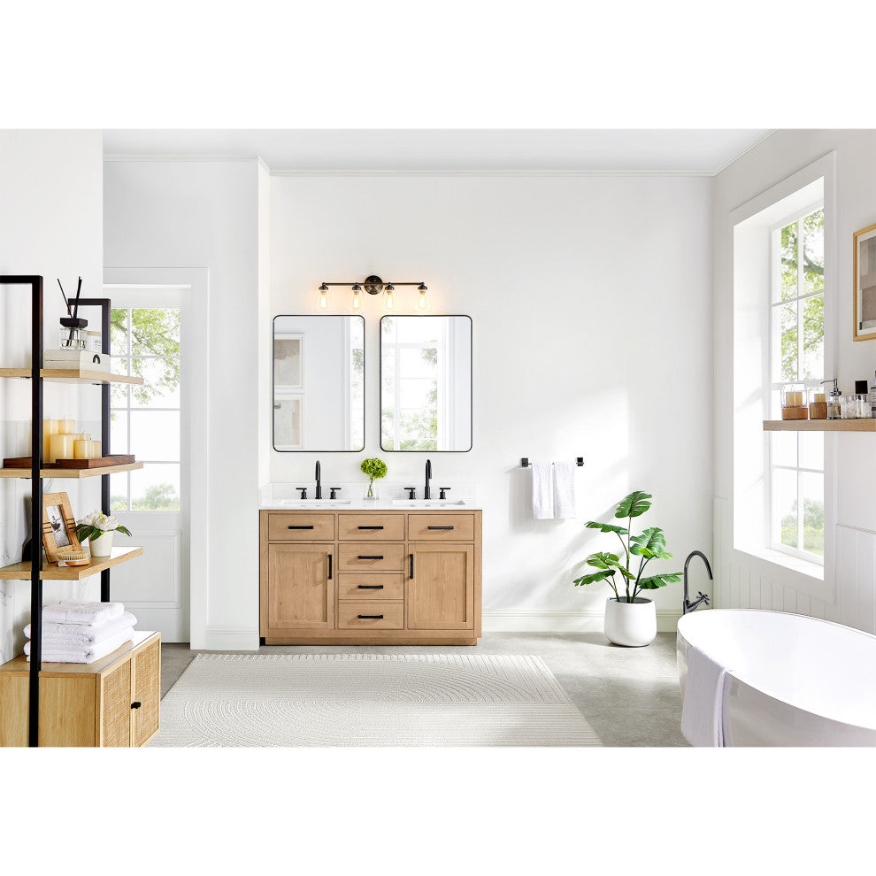 Gavino Vanity With Grain White Composite Stone Top, Light Brown/Matte Black, 54", With Mirror