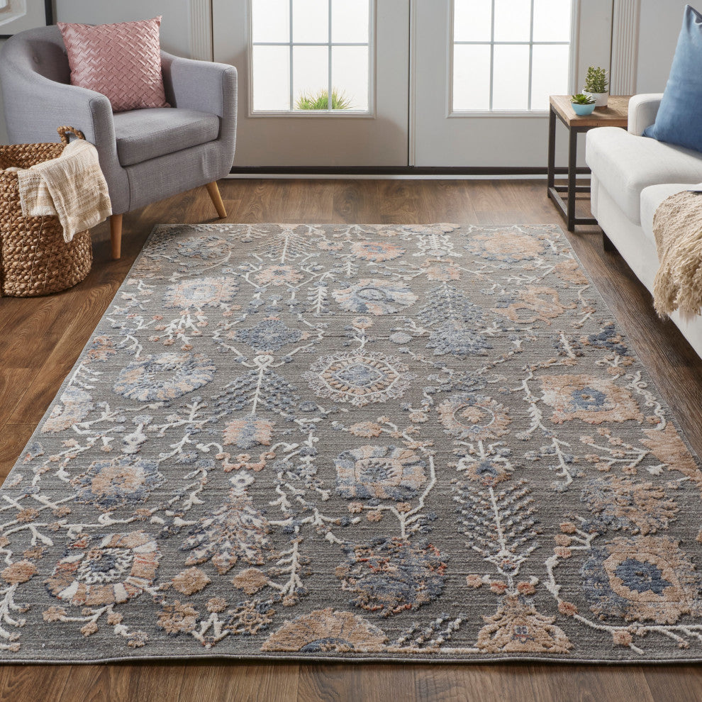 Weave & Wander Sybil Transitional Oriental Style Rug, Charcoal/Biscuit Tan, 9' X