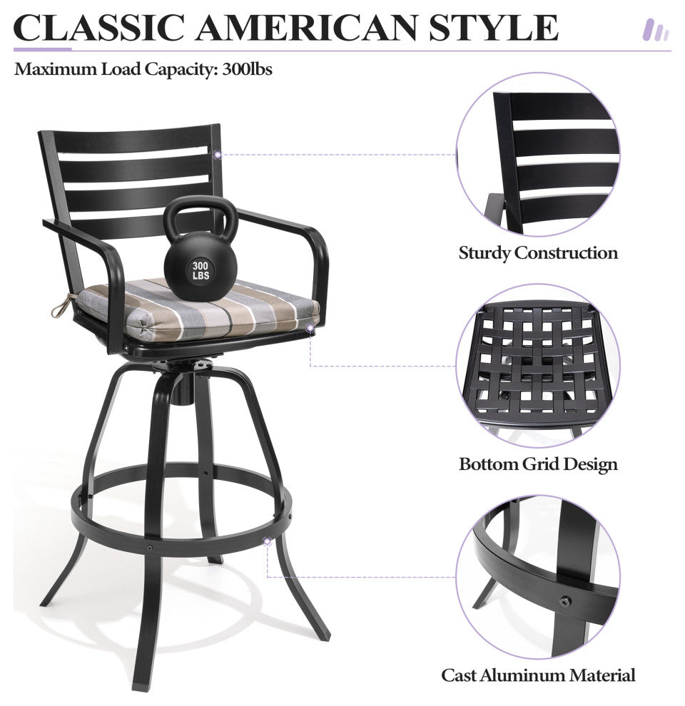 2PCS Patio Bar Stools Set Cast Aluminum Swivel with Sunbrella Seat Cushion, Mila