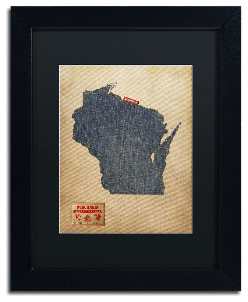 'Wisconsin Map Denim Jeans Style' Matted Framed Canvas Art by Michael Tompsett