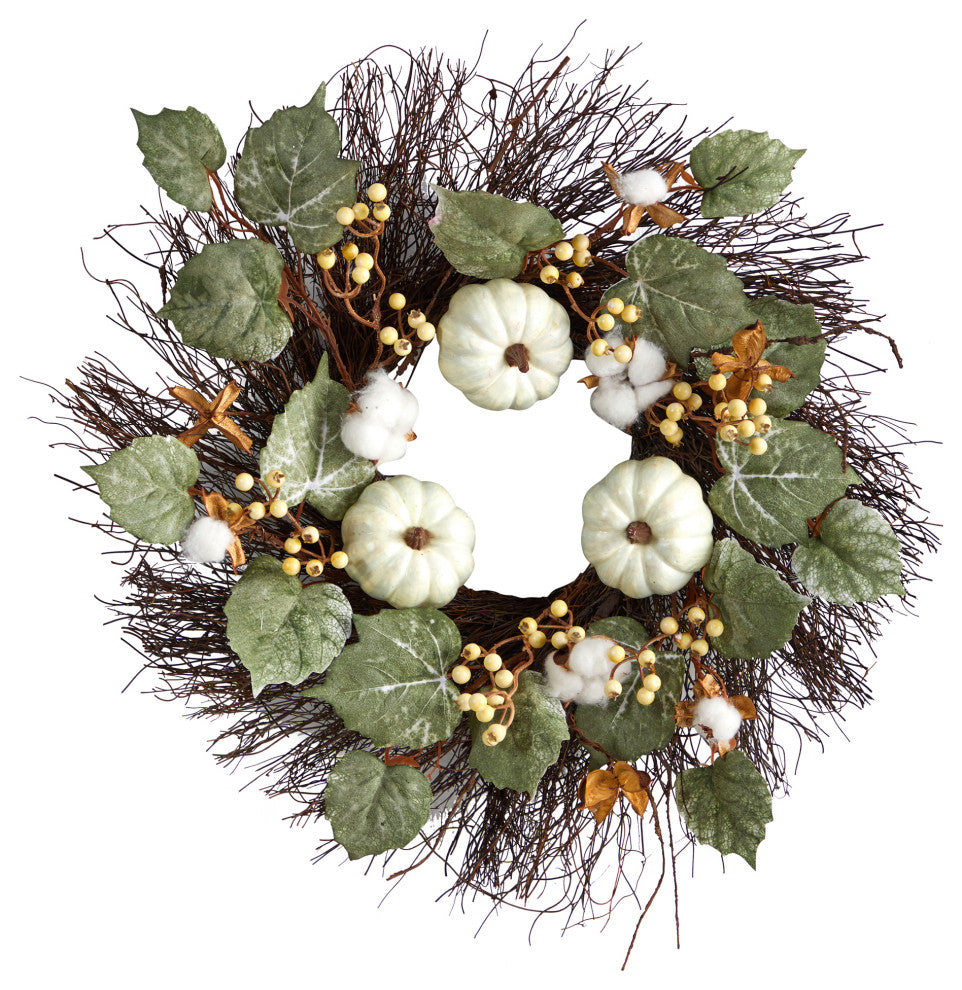 22" Autumn Green Pumpkin, Cotton and Berries Artificial Fall Wreath