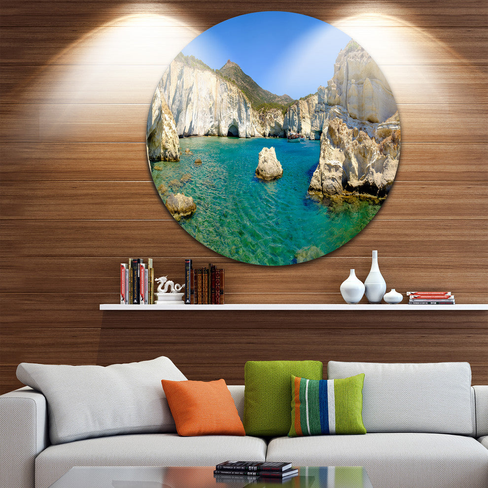 Turquoise Water Beach Panorama, Seashore Round Metal Wall Art, 23"