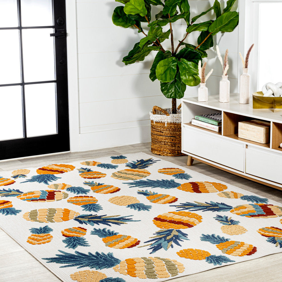 Ananas Bold Pineapple High-Low Indoor/Outdoor Area Rug, Orange/Navy, 3 X 5