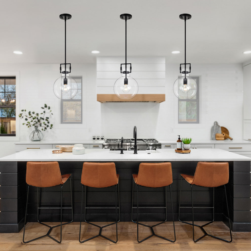 1-Light 10 in. Matte Black Pendant With Globe Shaped Clear Glass Shade