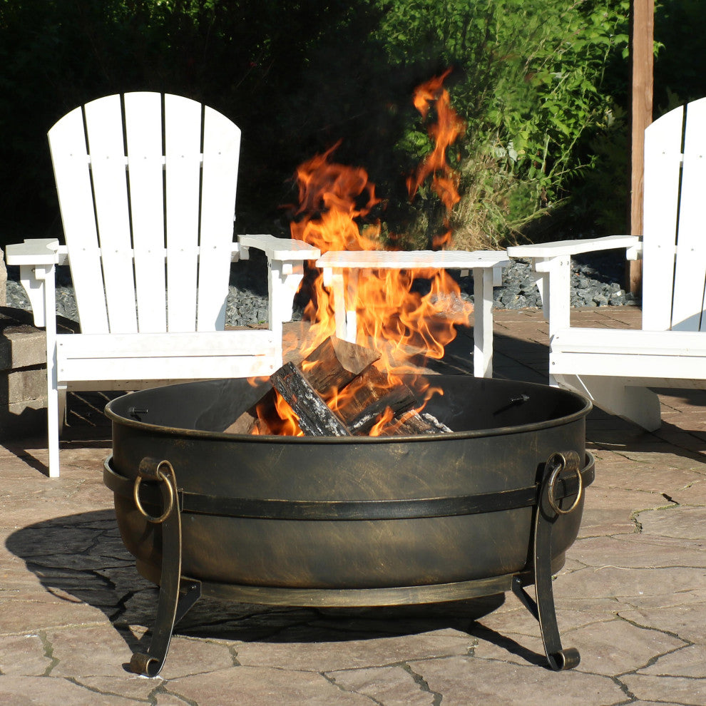 Sunnydaze Large Black Steel Cauldron Outdoor Fire Pit With Spark Screen, 34"