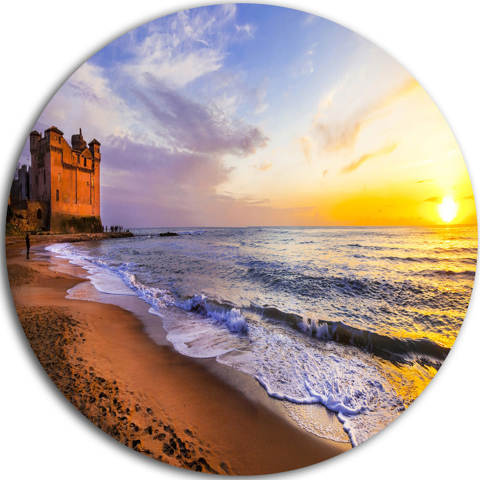 Castle Santa Severa Over Sunset Italy, Seascape Disc Metal Artwork, 11"