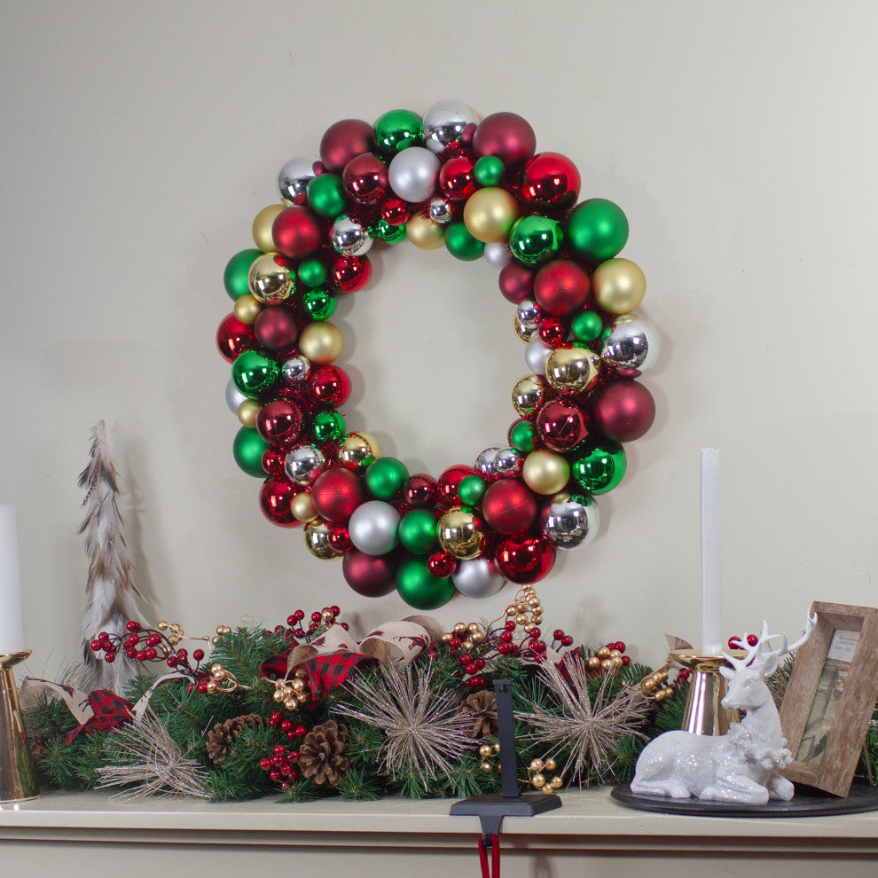 Traditional Colored 2-Finish Shatterproof Ball Christmas Wreath, 24"  Unlit