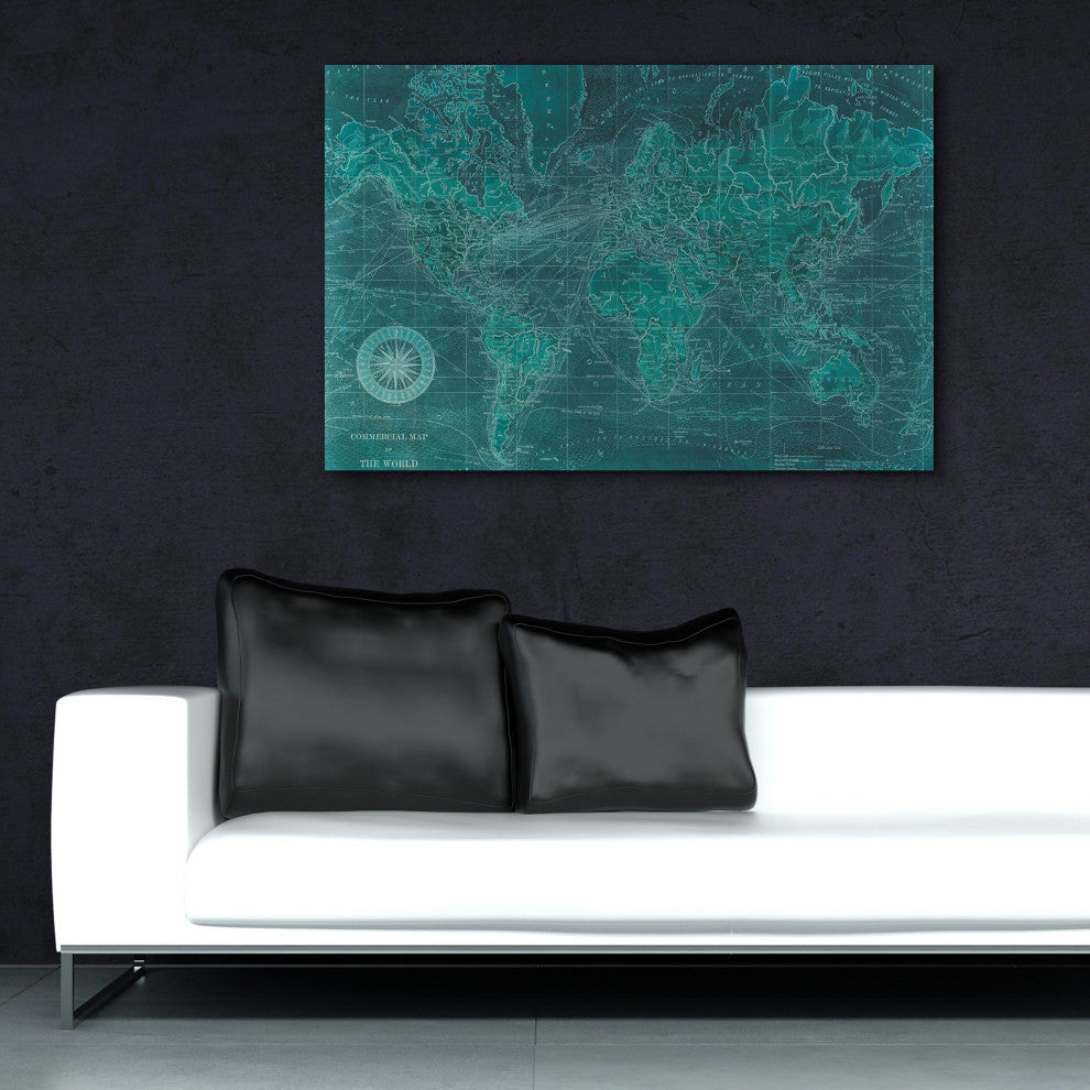 "Azure World" World Map Wall Art on Frameless Tempered Glass 48" x 32"