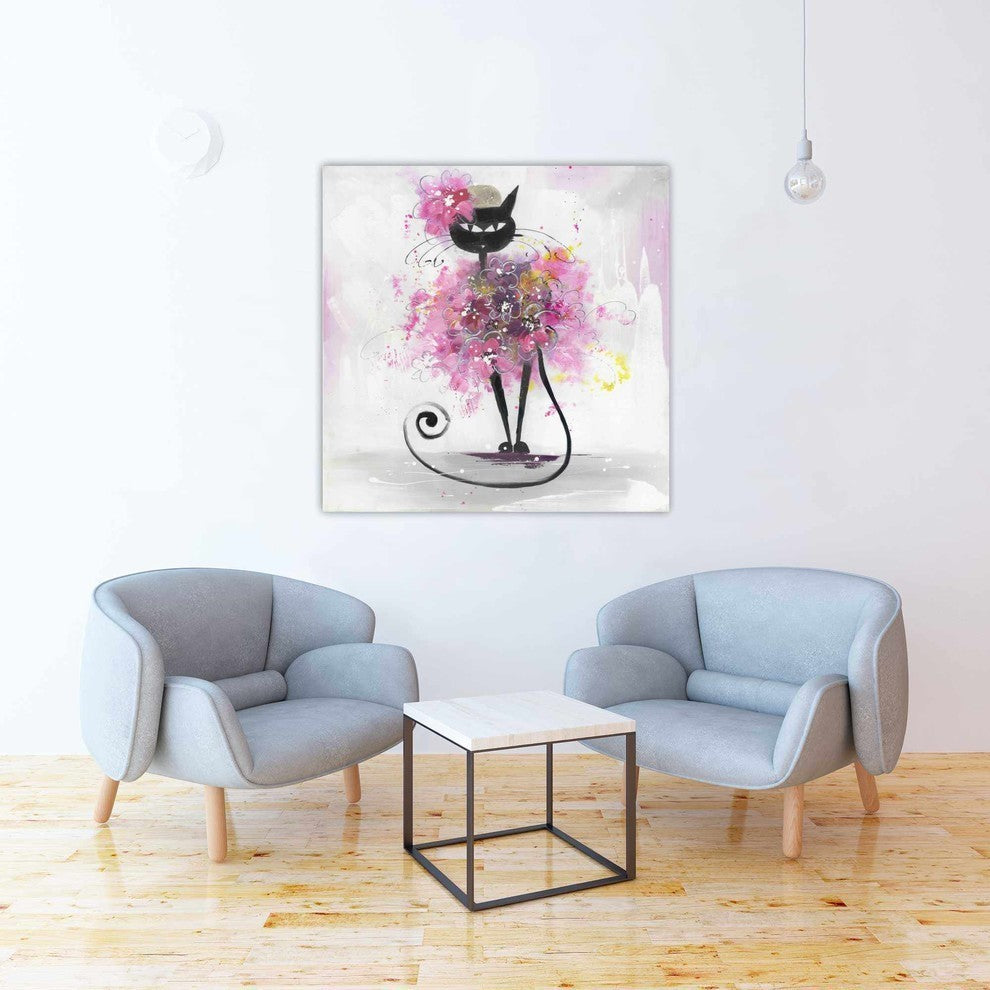 Cartoon Cat With Pink Flowers Print On Wrapped Canvas, 36"x36"