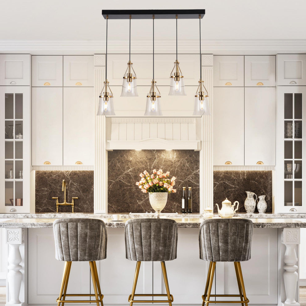 LNC 5-Light Black and Polished Gold Modern Linear Large Kitchen Island Light