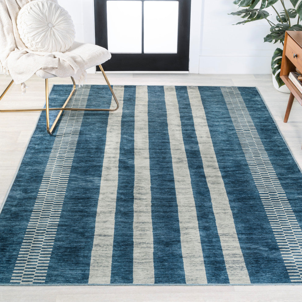 Vichy Geometric Striped Machine-Washable Blue/Cream 8 ft. x 10 ft. Area Rug