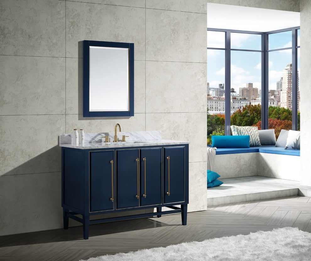 Mason 49" Vanity Combo, Navy Blue, Matte Gold Hardware / Natural 1" Carrara White Marble Countertop and Backsplash