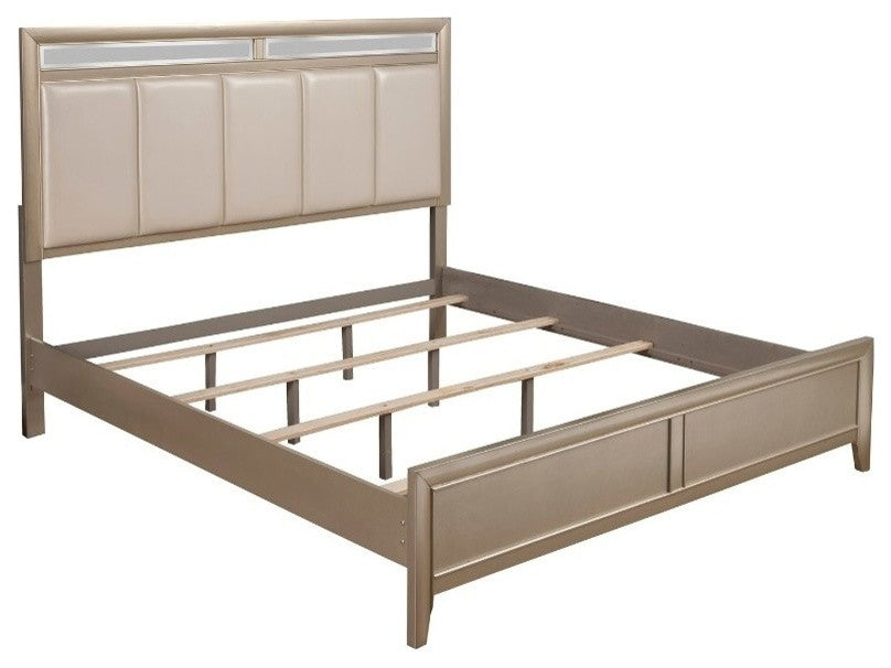 Pine Wood Queen Size Panel Bed With Upholstered Headboard, Silver