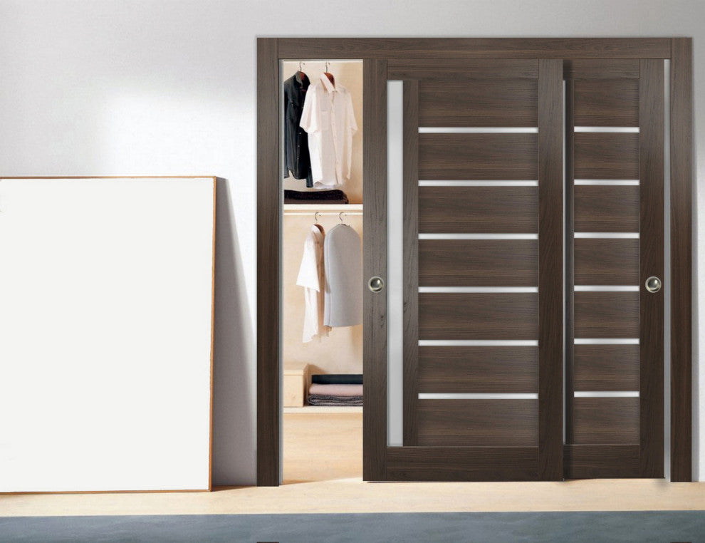 Sliding Frosted Glass Bypass Doors 72 x 80, Quadro 4088 Chocolate Ash, Rail