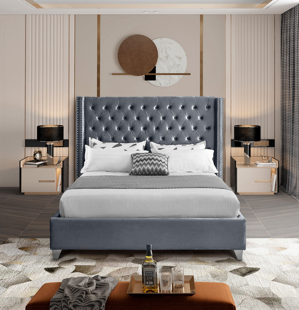 Ames Velvet Bed, Gray, Queen