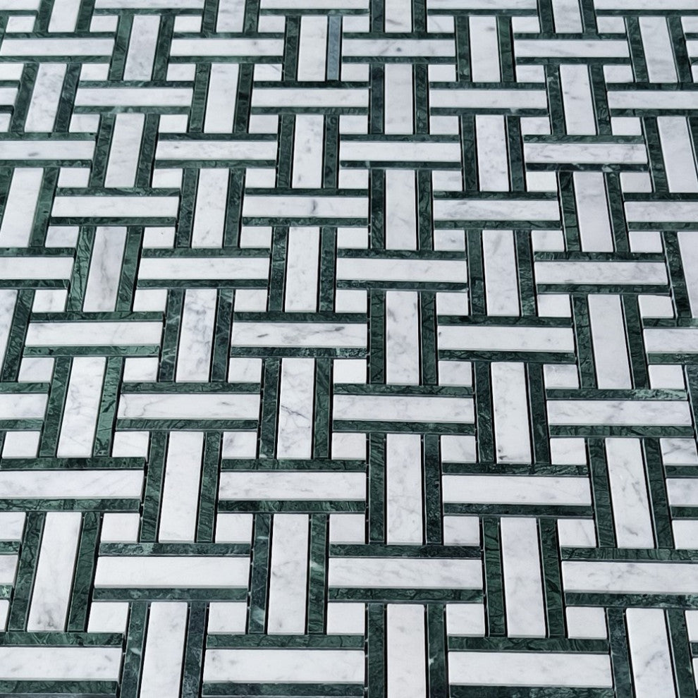 Carrara White Marble Twine Basketweave Mosaic Tile Indian Green Honed, 1 sheet