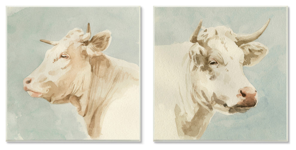 Vintage Farm Cattle Cows Watercolor Portrait Beige Blue,12 x 12
