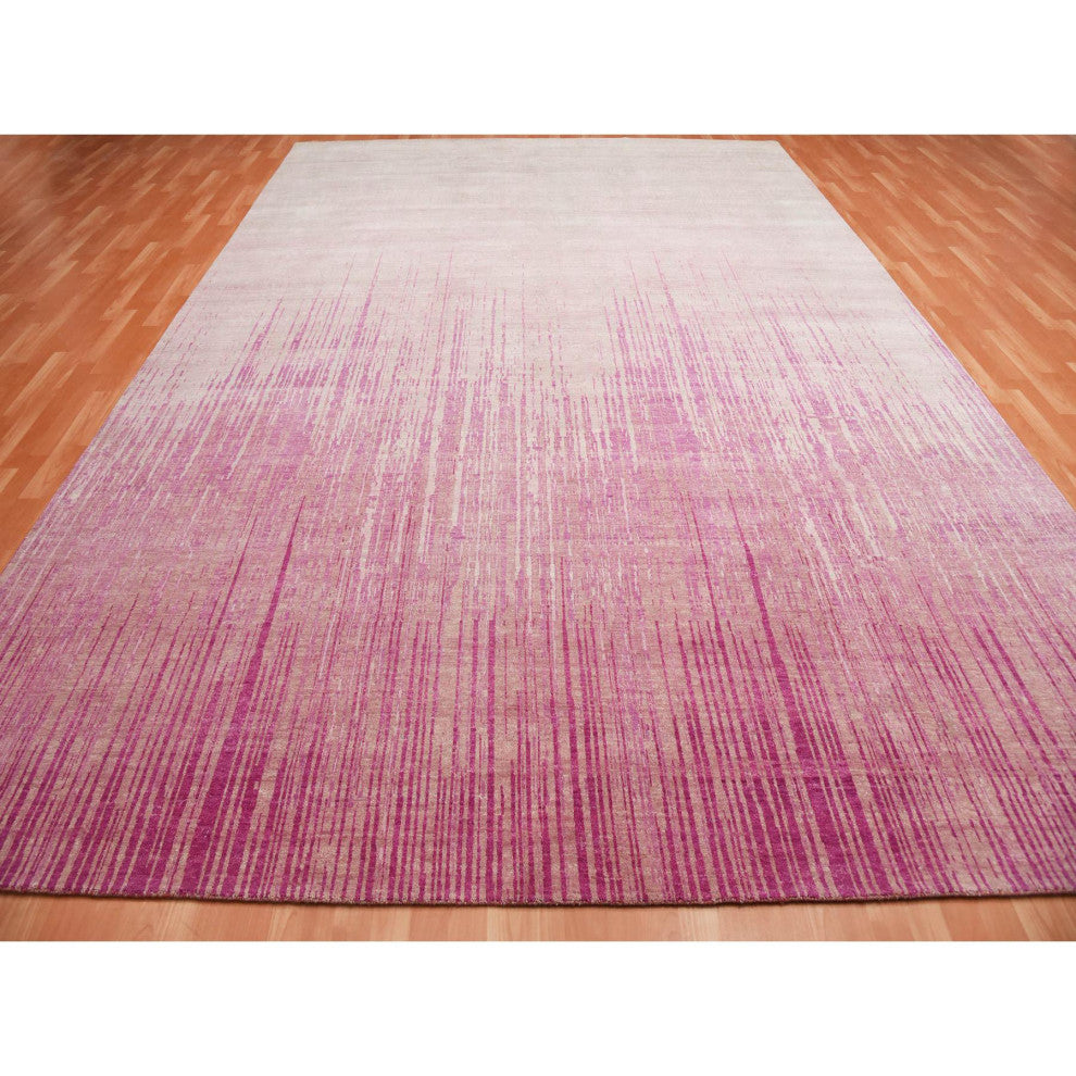 Pink Natural Wool Hand Knotted Vertical Ombre Design Oriental Rug, 10'0"x14'3"