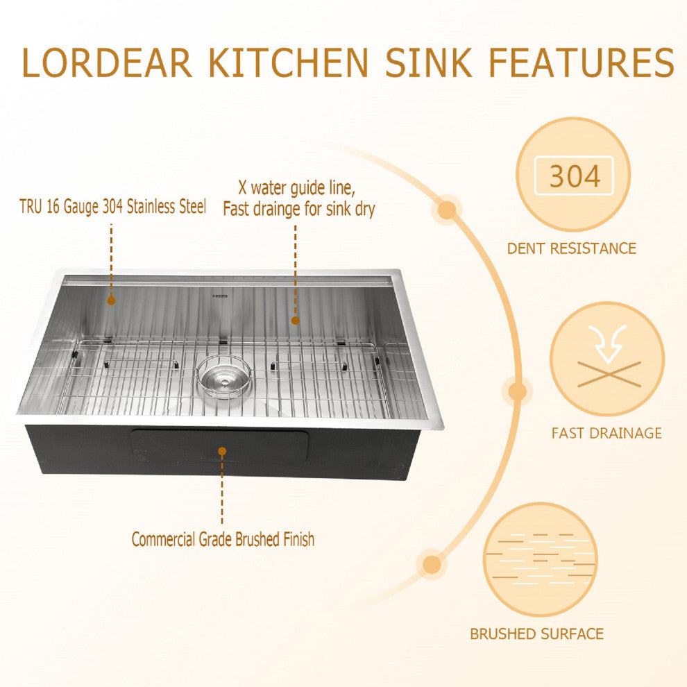 30" Undermount Workstation T-304 Stainless Steel Single Bowl Kitchen Sink