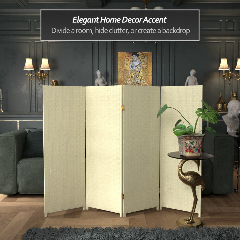 4' Tall Woven Fiber Room Divider, Cream, 4 Panel