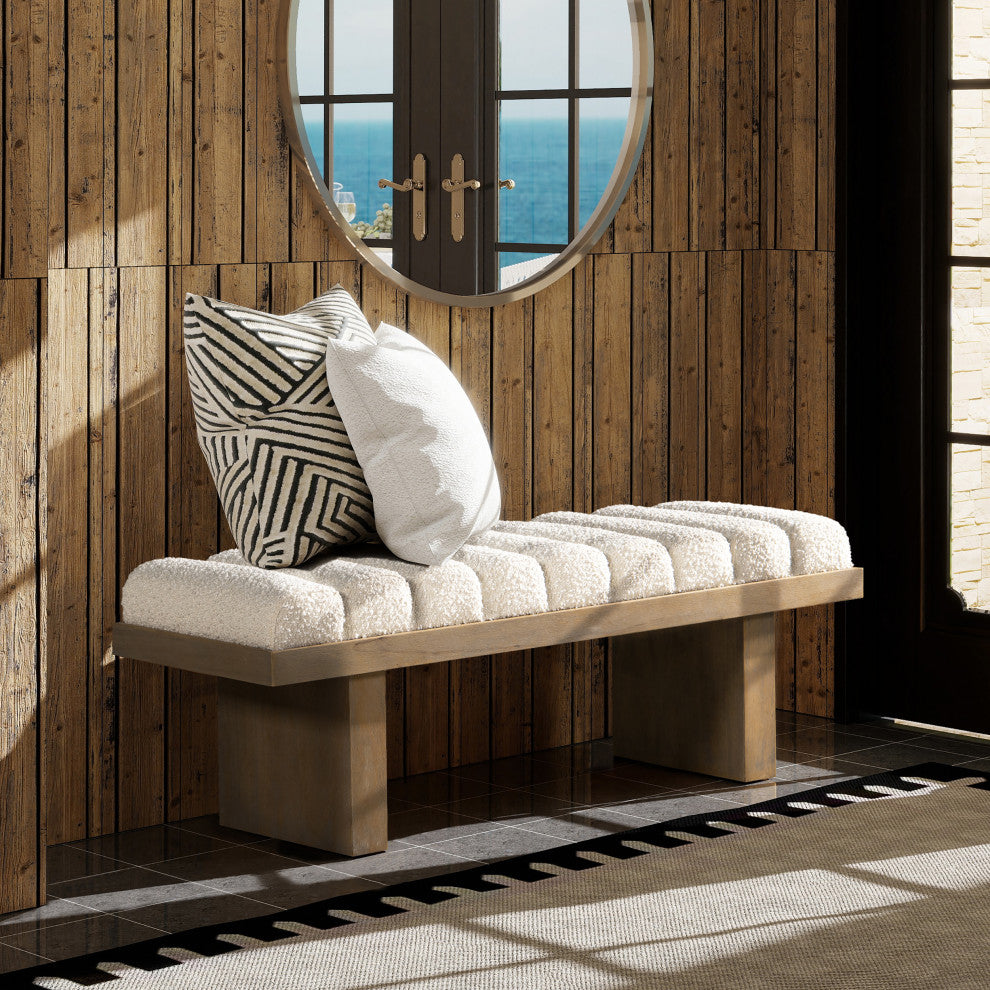 Bella 52" Vertical Tufted Modern Accent Bench, Ivory White Boucle