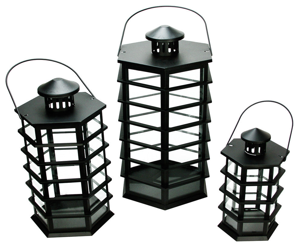 Black Modern Design Glass Pillar Candle Lanterns, Set of 3