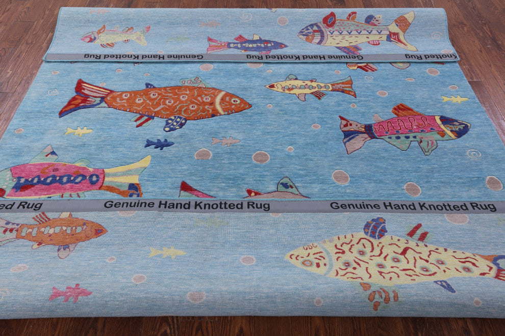 Gabbeh Fish Design Hand-Knotted Wool Rug 7' 11" X 10' 1" - Q13530