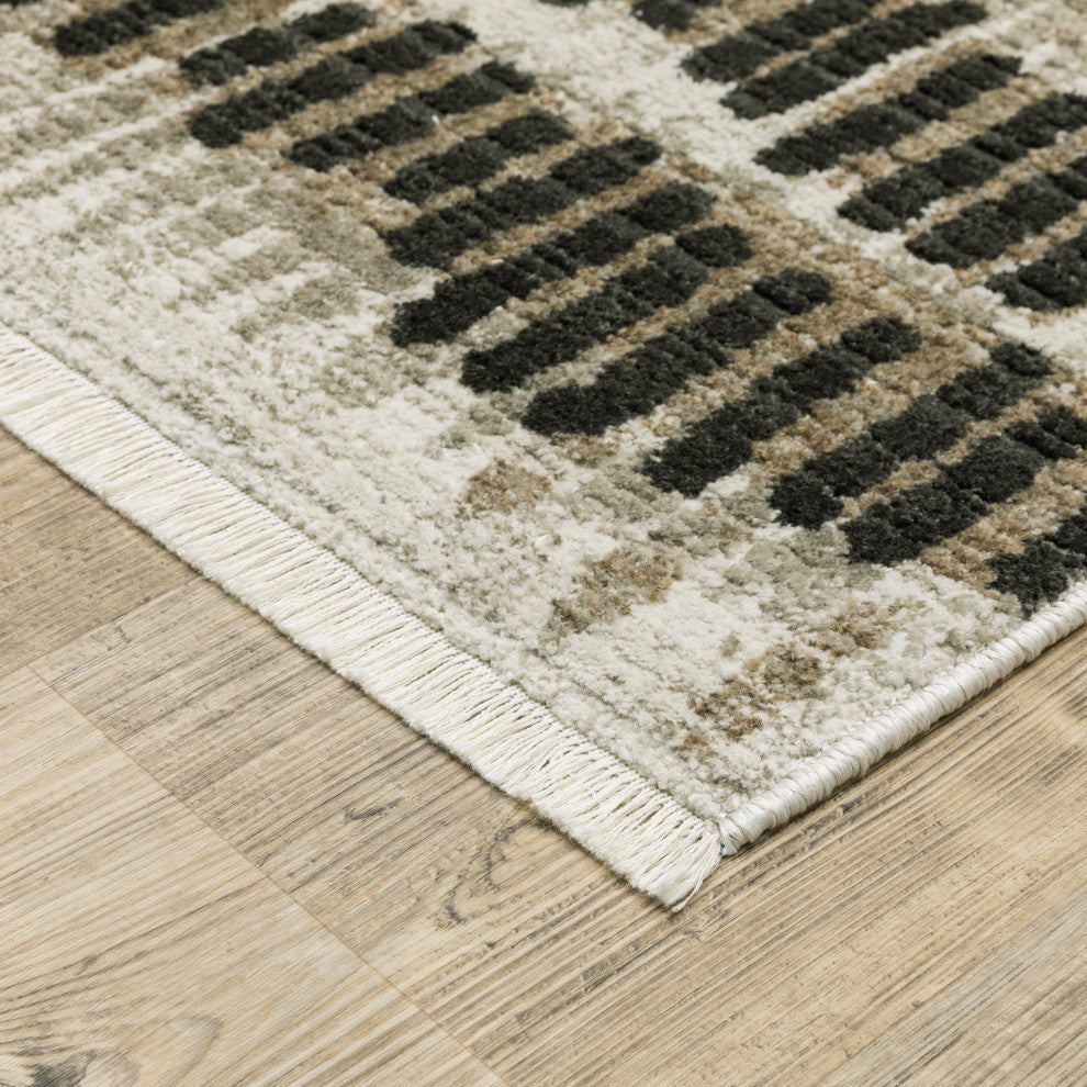 Banner Recycled P.E.T. Stripe Beige/Charcoal Fringed Area Rug, 6'7"x9'6"