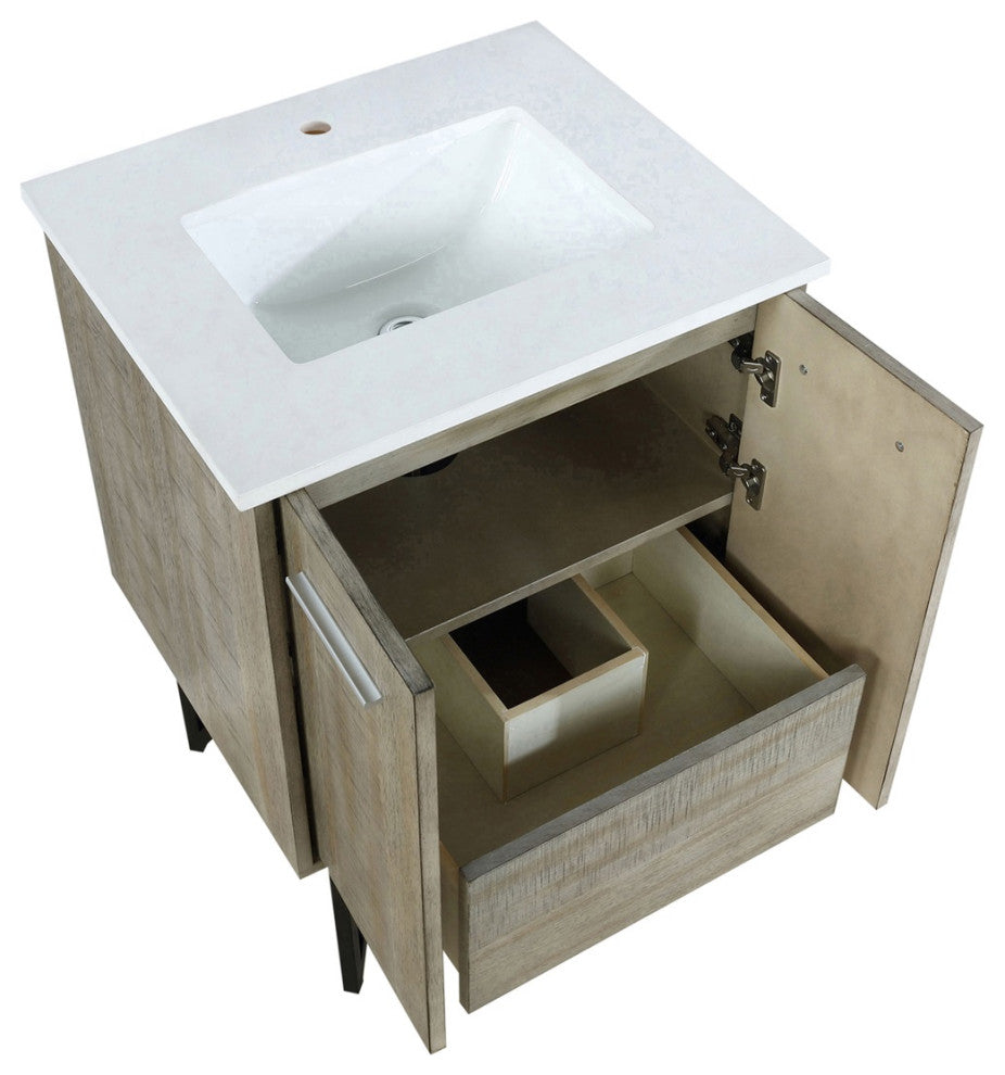 Lancy 24" Rustic Acacia Bathroom Vanity, White Quartz Top, And White Square Sink