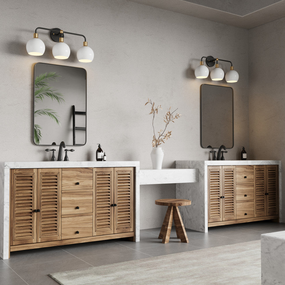 Modern Black 3-Light Bathroom Vanity Light with White Metal Shades