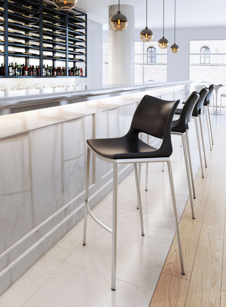Bar Stool Chair Barstool, Set of 2, Faux Vinyl Leather, Steel, Black, Silver