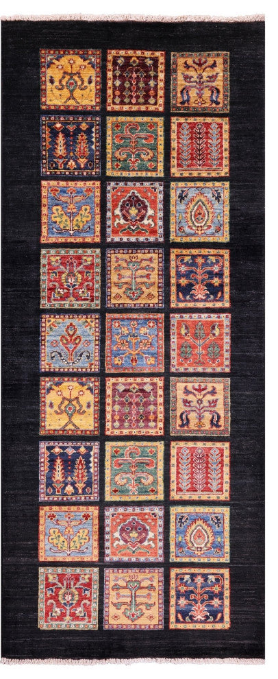 2' 8" X 6' 5" Persian Garden Design Black Handmade Wool Runner Rug Q10695