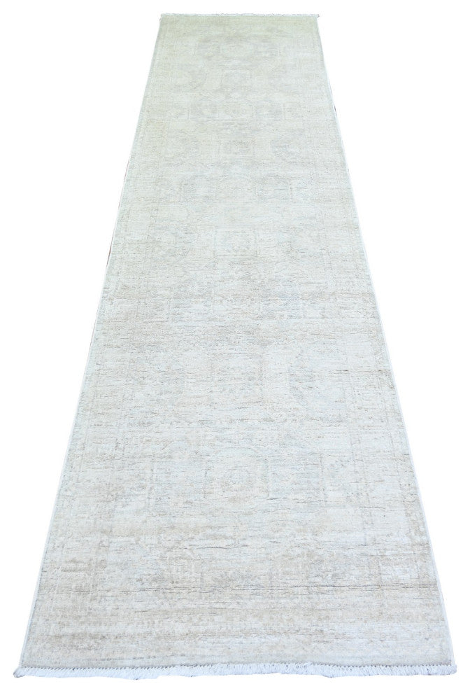 White Wash Peshawar Soft Wool Hand Knotted Runner Oriental Rug, 2'8"x11'