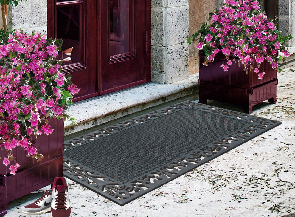 A1HC Rubber Pin Mat Paisley Border Heavy Duty Double Door Doormat 30"x48", Black