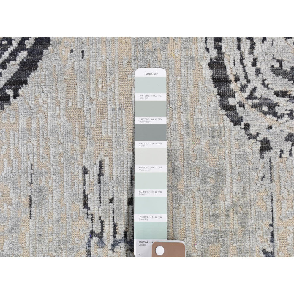 Cloud Gray, The Cane Design, Silk With Wool, Hand Knotted Rug, 10'x14'5"