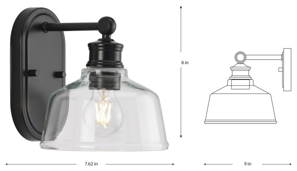 Singleton 1-Light 7.62" Matte Black Farmhouse Vanity Light, Clear Glass Shade