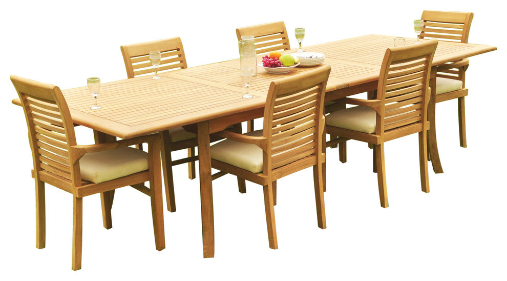 7-Piece Outdoor Teak Dining Set: 117" Rectangle Table, 6 Mas Stacking Arm Chairs