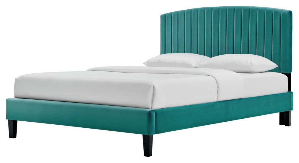 Platform Bed Frame, King Size, Teal Blue, Velvet, Modern, Bedroom Guest Suite