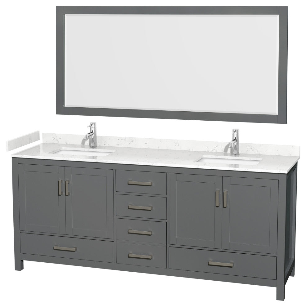 80"DBL Vanity Dark Gray, Carrara Cult. Marble Countertop, Sinks, 70"Mirror