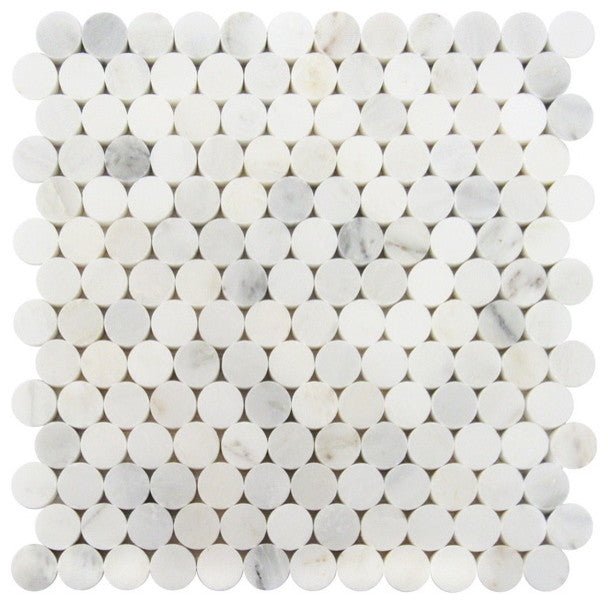 Carrara Penny Round Polished Mosaic Tile, 12"x12", Set of 50