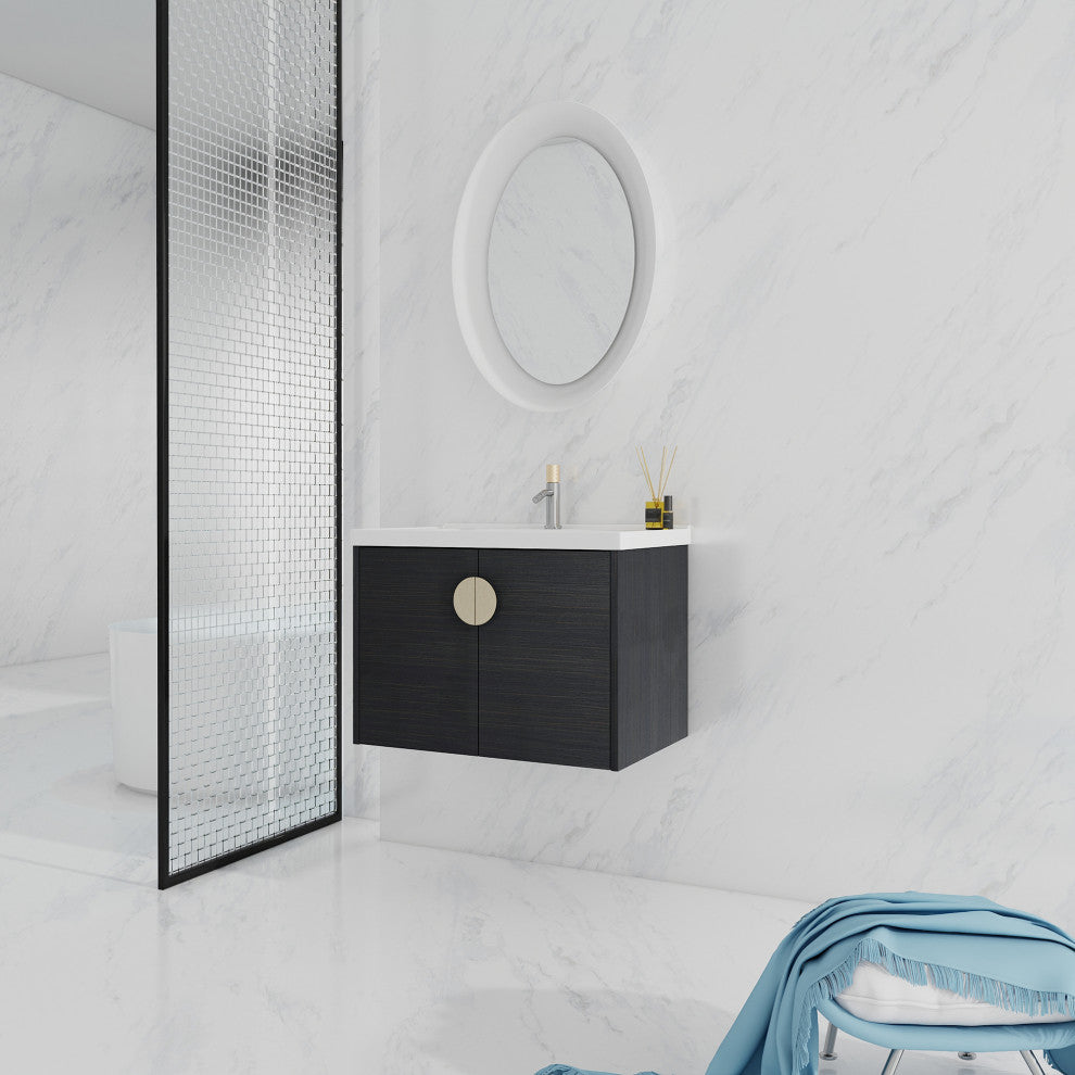 28" Plywood Wall Mounted Bath Vanity Set, Black, Ceramic Basin