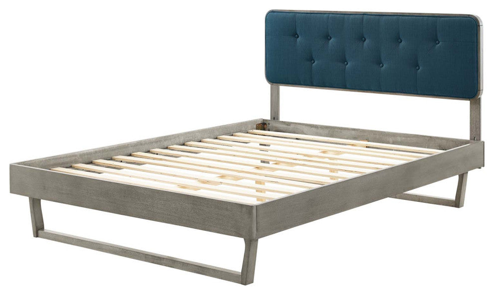 Platform Bed Frame, Queen Size, Fabric, Wood, Gray Navy Blue, Modern