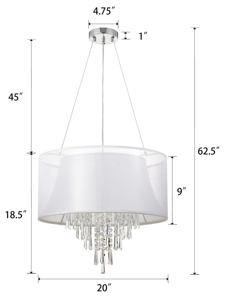 4-Light Double White Fabric Drum Shade Crystal Pendant Chandelier Glam Lighting