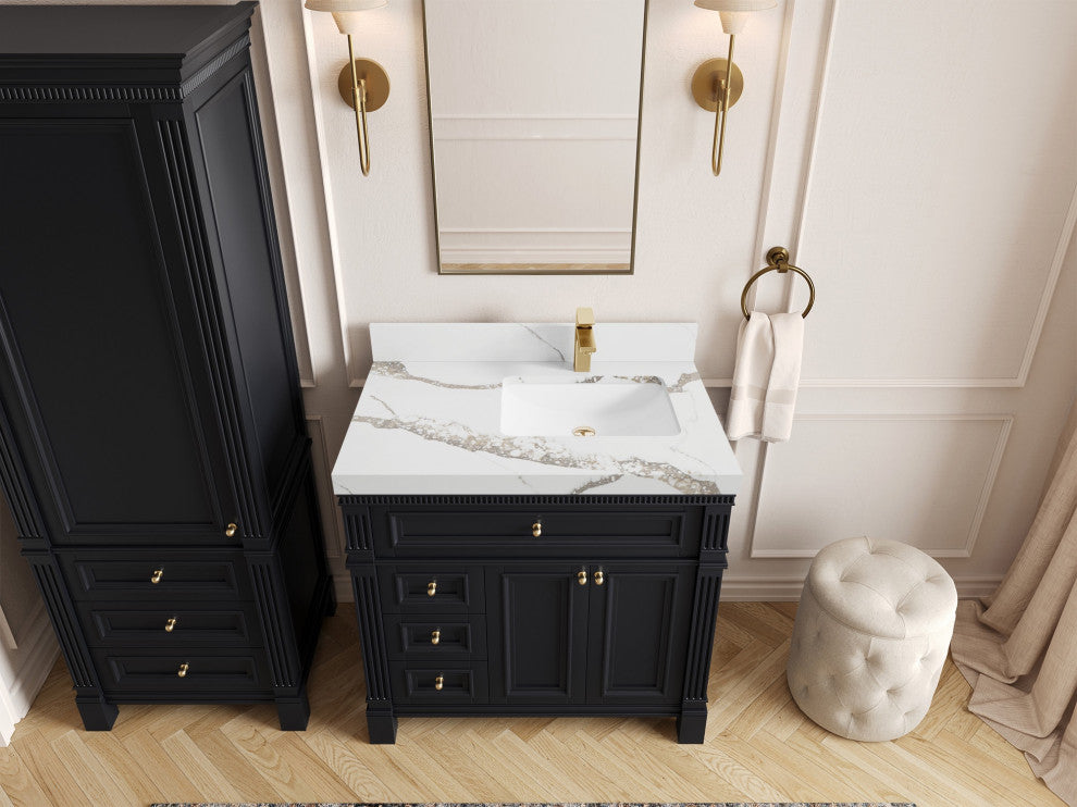 Paris 36" Right Offset Bathroom Vanity, Black 2" Calacatta Gold