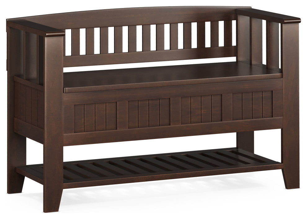 Acadian Solid Wood Entryway Storage Bench With Shelf, Brunette Brown