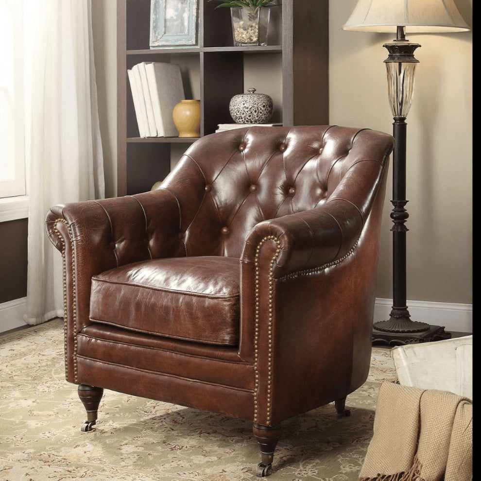 34" Top Grain Leather And Brown Tufted Chesterfield Chair